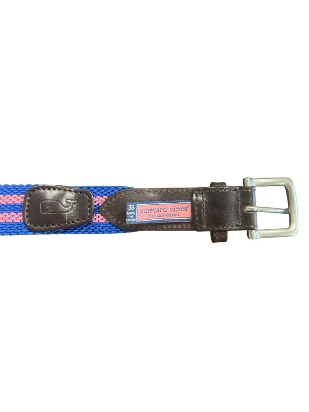 Vineyard Vines Mens Size 36 Woven Belt With Leather Trim Blue Pink Stripe - Picture 2 of 5